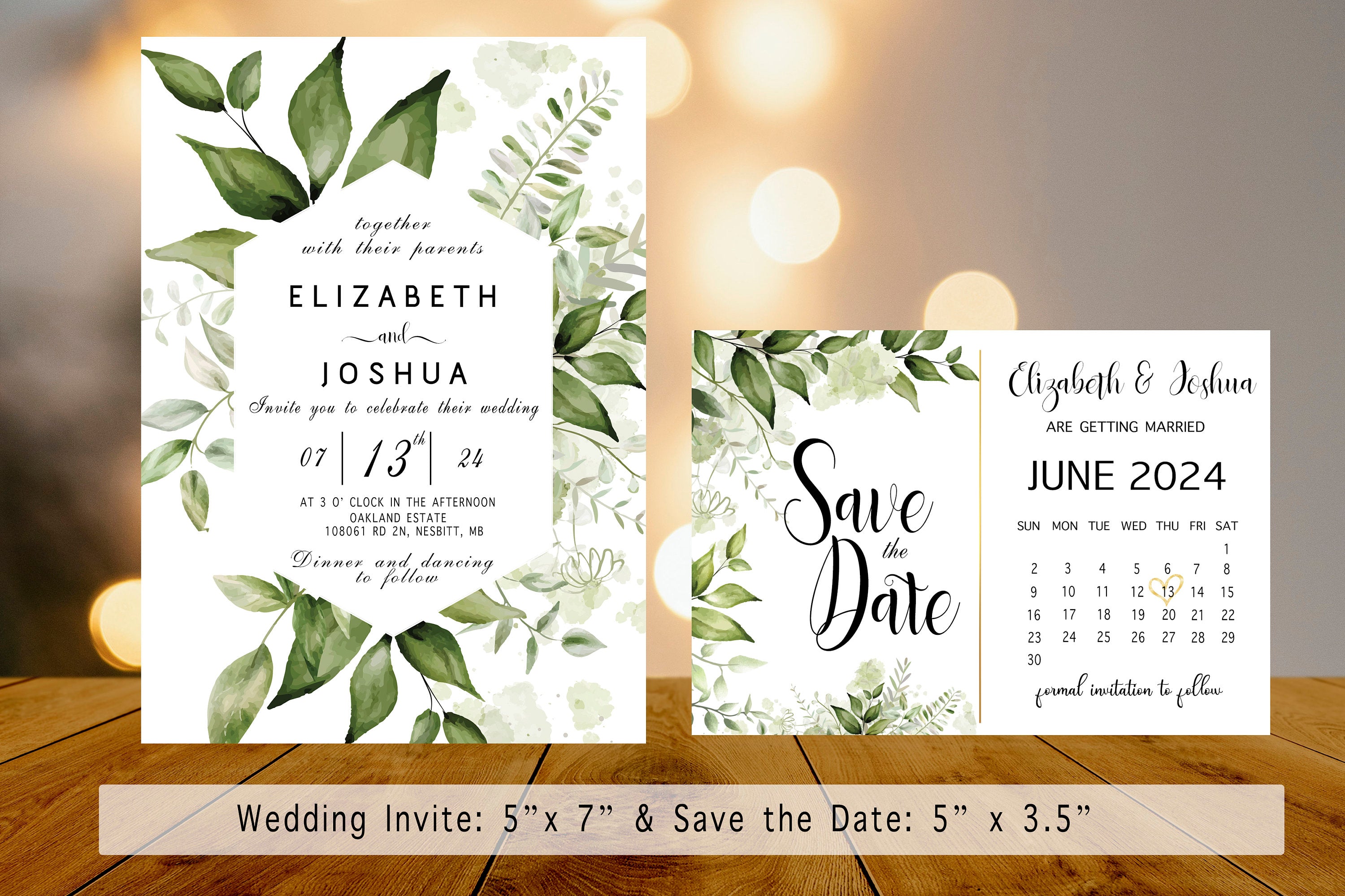 Green Botanical leaves, Watercolor Wedding Invitation Suite